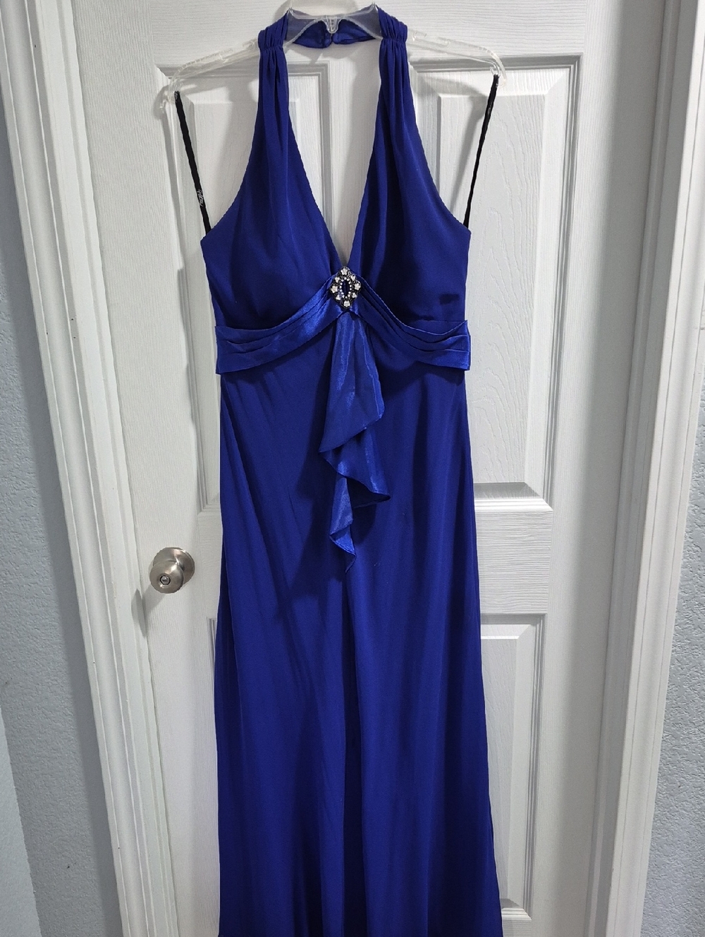 Royal Blue Halter Evening Gown with Jewel Accent